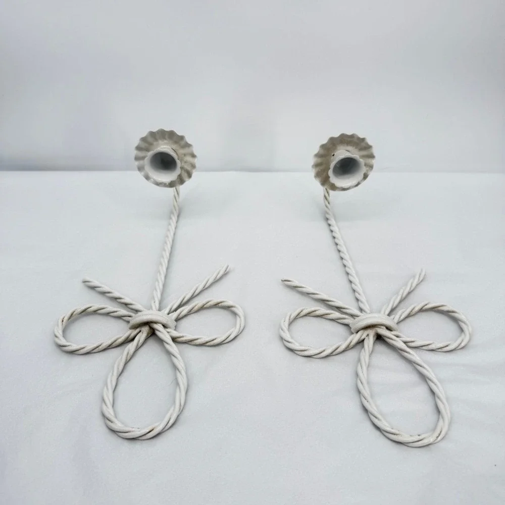 Homco Twisted Rope & Bow Tapler Candle‎ Wall Sconce PAIR White Metal VTG 2 Pc
